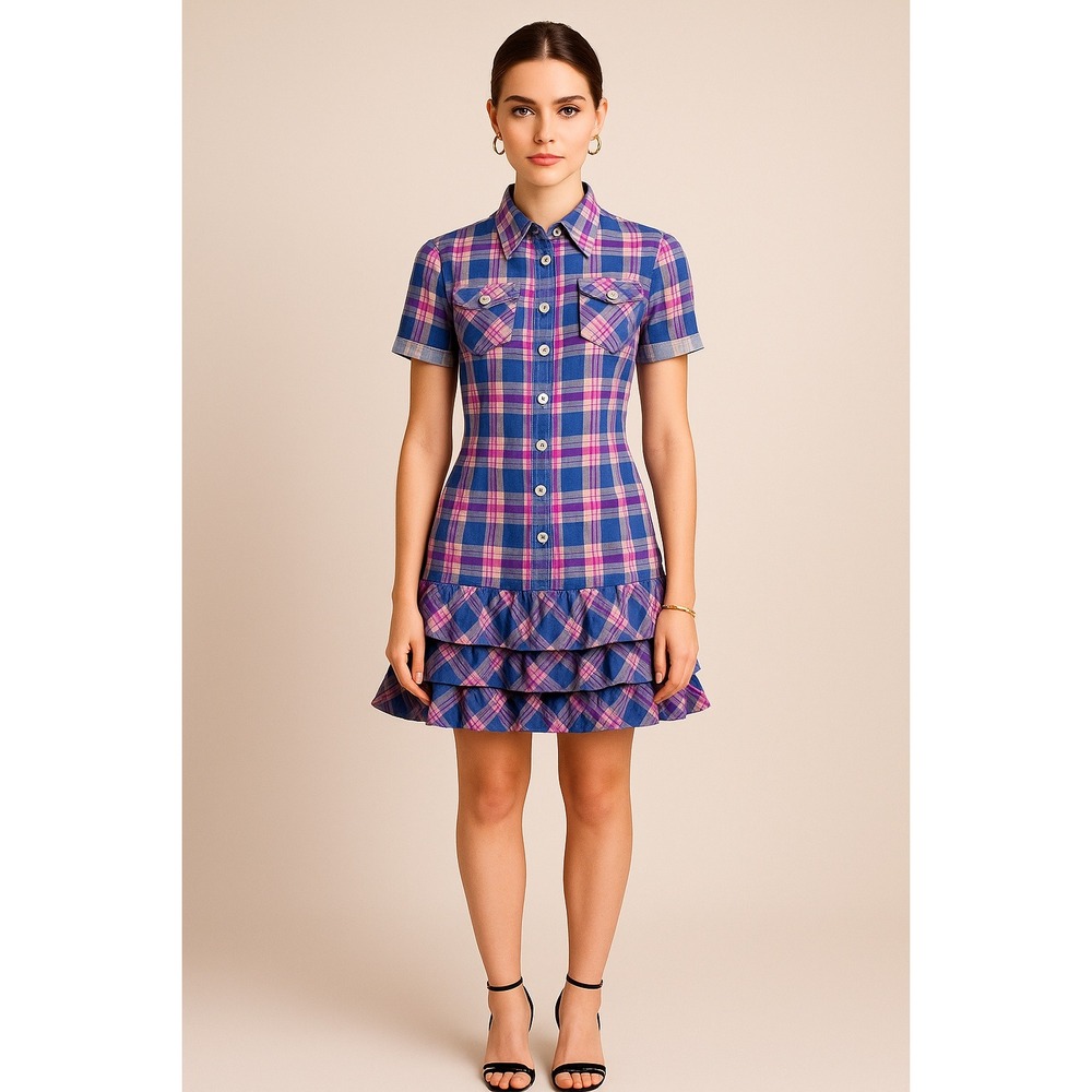 Cute Plaid Ruffle‎ Dress Short Sleeve Button Front Girls Teen Women XS